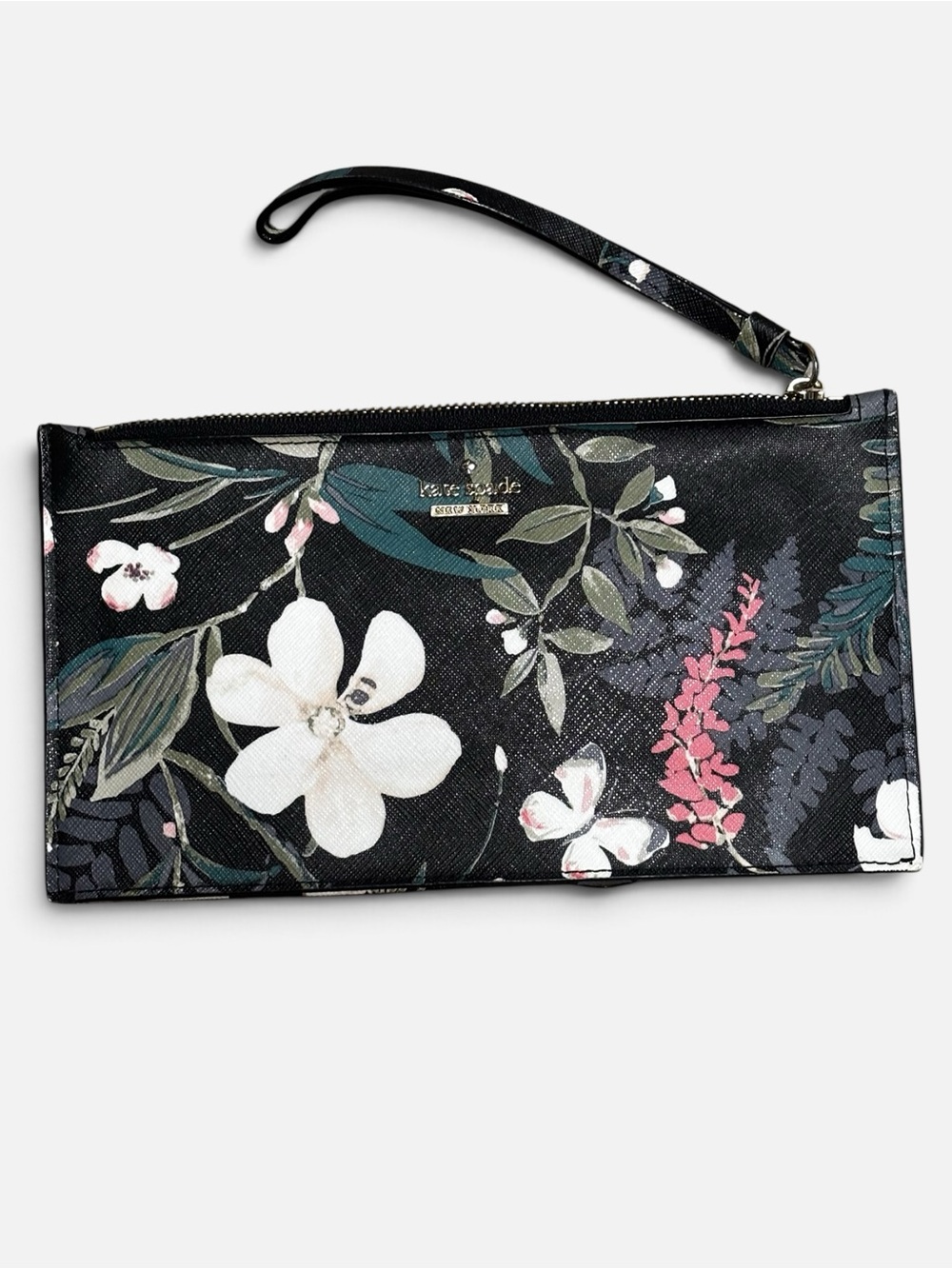 kate spade Black Floral Pouch with Cream Blossoms & Teal and Olive Leaves* - Picture 3 of 10